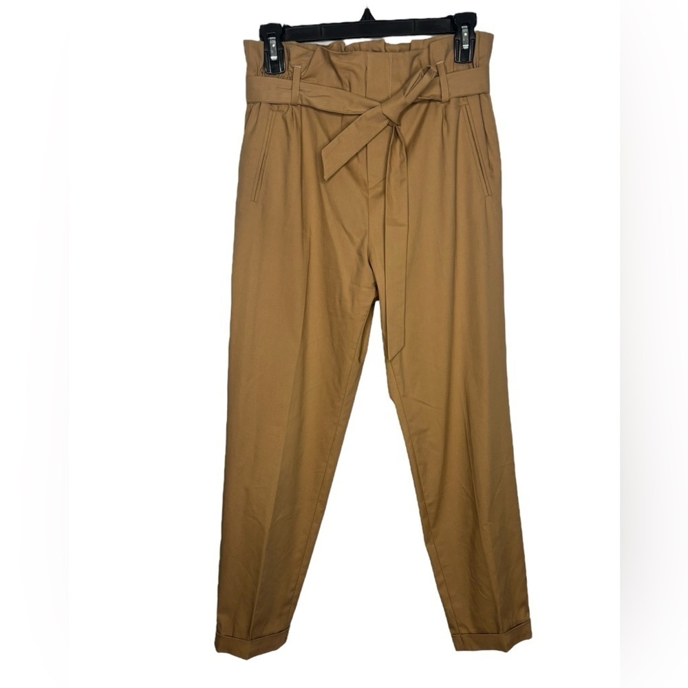 Vilagallo Designer Tan High-rise Pleated Crop Pants Paperbag Waistband SZ 38 US6